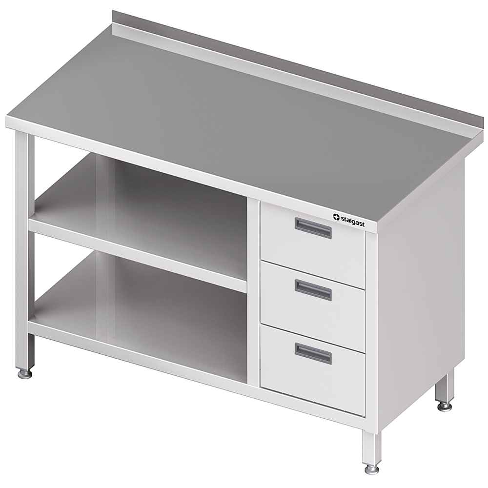 Stół przyścienny z blokiem trzech szuflad (P),i 2-ma półkami 1400x600x850 mm | Stalgast 980416140