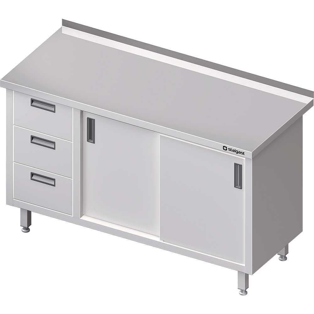 Stół przyścienny z blokiem trzech szuflad (L),drzwi suwane 1300x600x850 mm | Stalgast 980466130