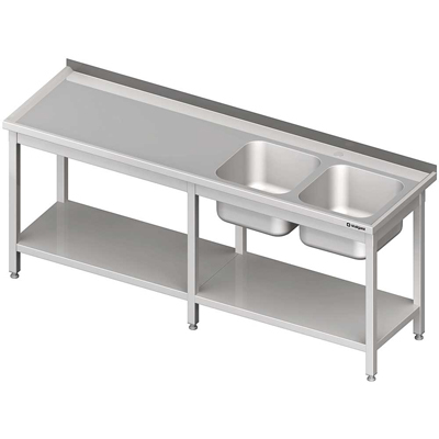 Stół ze zlewem 2-kom.(P),z półką 2600x600x850 mm | Stalgast 980836260