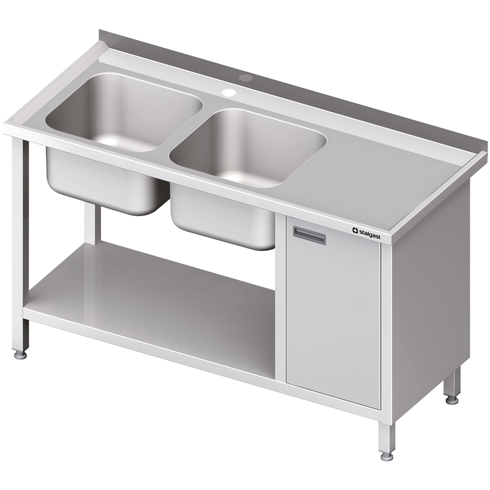 Stół ze zlew 2-kom.(L), z szafką i półką 1600x600x850 mm | Stalgast 981066160
