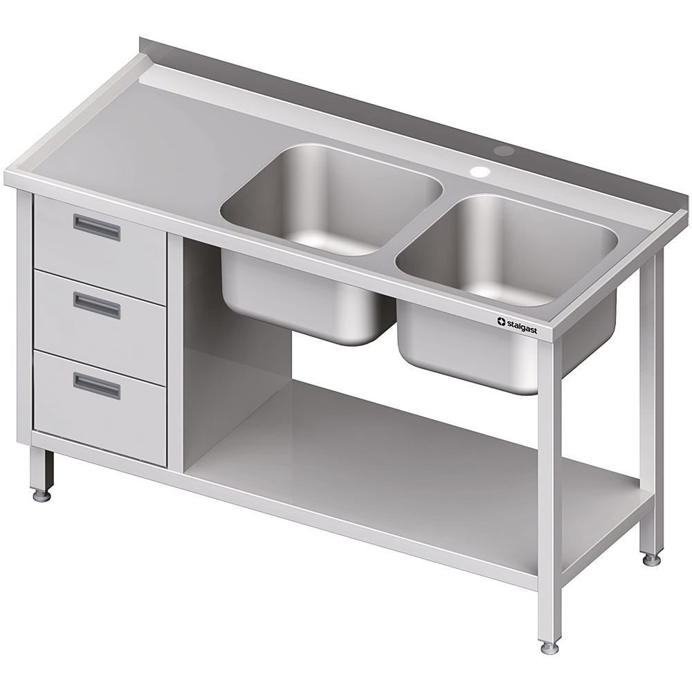 Stół ze zlewem 2-kom.(P), z blokiem trzech szuflad i półką 1700x600x850 mm | Stalgast 981096170