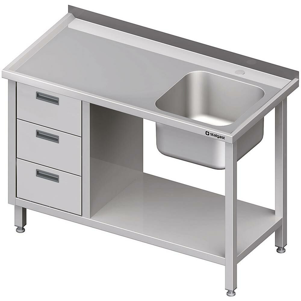 Stół ze zlewem 1-kom.(P), z blokiem trzech szuflad i półką 1600x600x850 mm | Stalgast 982366160