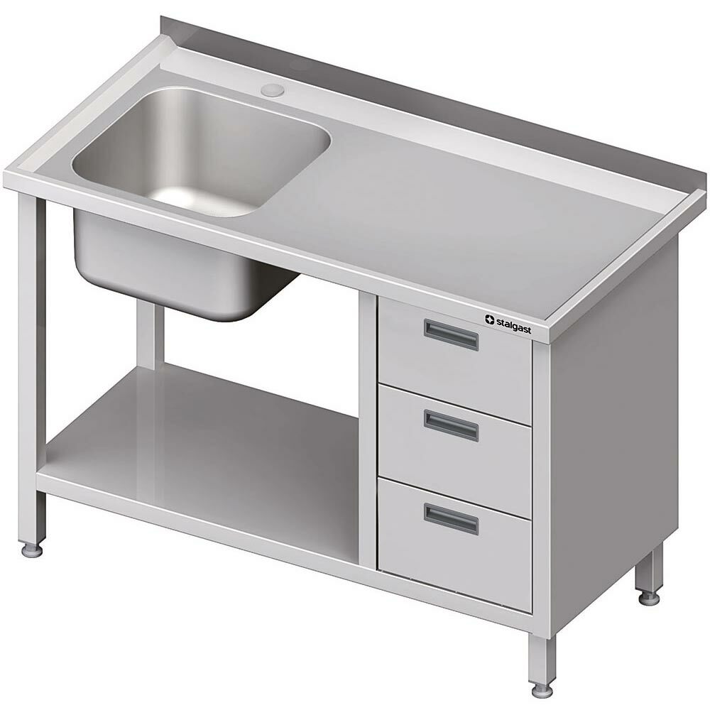 Stół ze zlewem 1-kom.(L), z blokiem trzech szuflad i półką 1000x700x850 mm | Stalgast 982377100