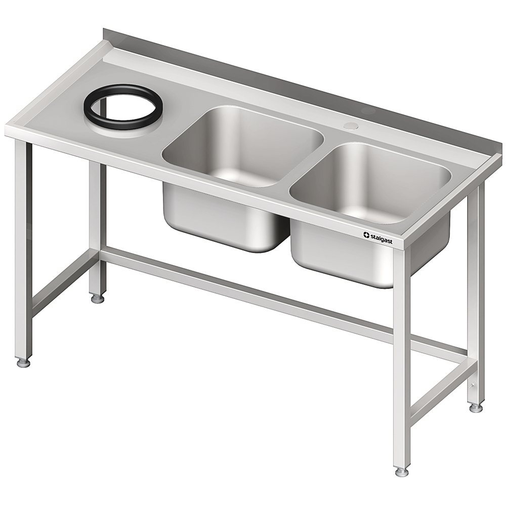 Stół przyścienny ze zlewem bez półki z otworem 1500x700x850 mm, 2-komory po prawej spawany | Stalgast 981017150