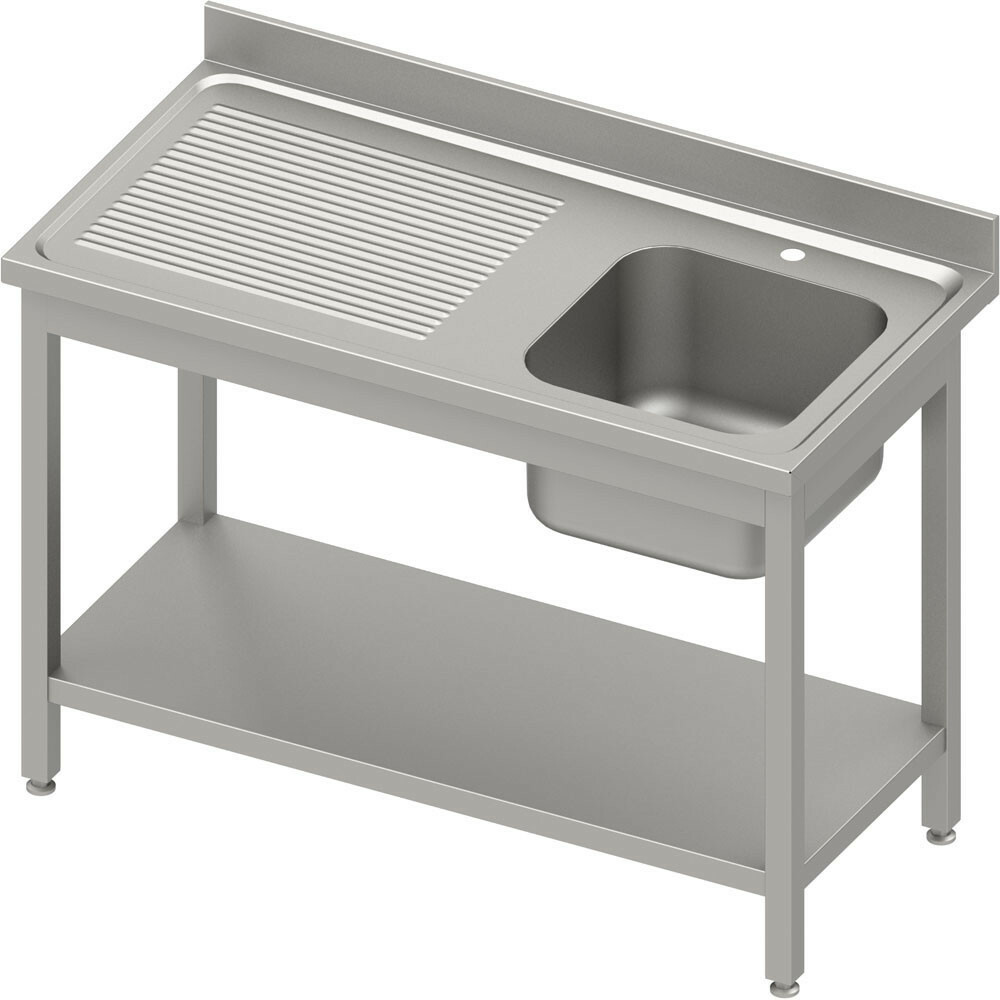 Stół ze zlewem 1-kom.(P),z półką 1500x600x850 mm spawany, blat tłoczony,rant puszkowy 100x15x10 | Stalgast 984466150S