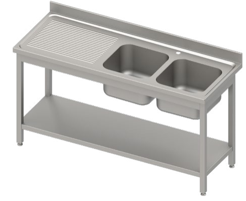 Stół ze zlewem 2-kom.(P),z półką 1600x700x850 mm spawany, blat tłoczony,rant puszkowy 100x15x10 | Stalgast 984597160S