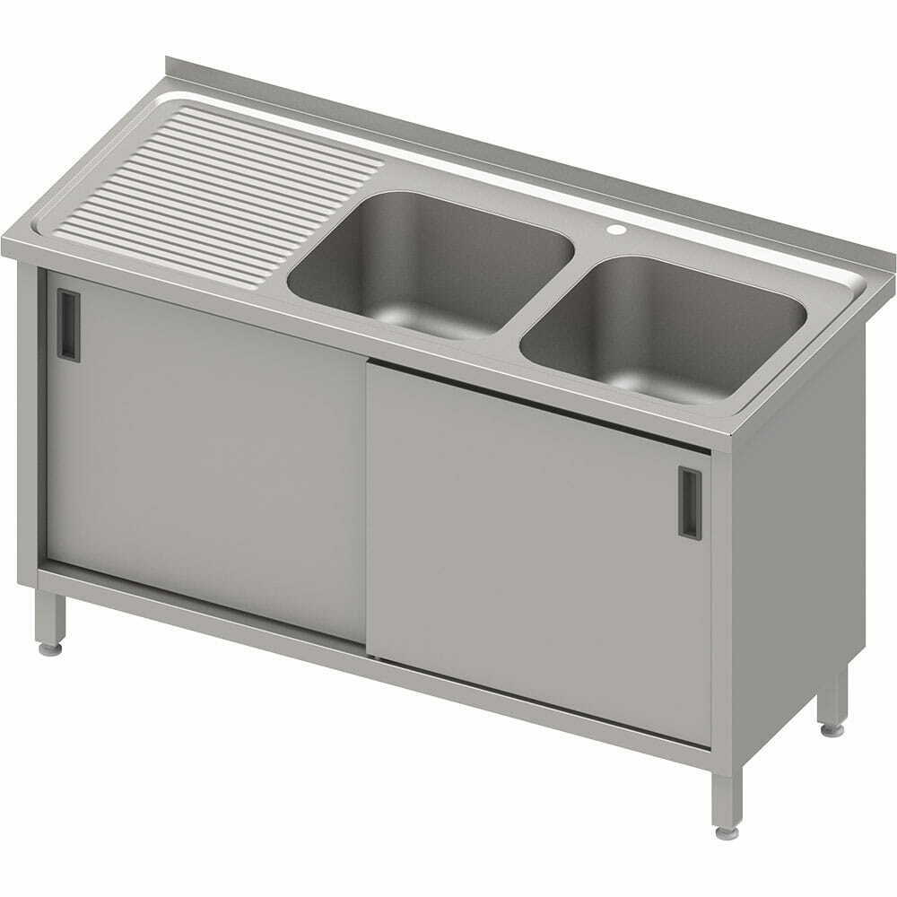 Stół ze zlewem 2-kom. (P) z drzwiami suwanymi i blatem tłoczonym 1400x600x850 mm | Stalgast 984006140