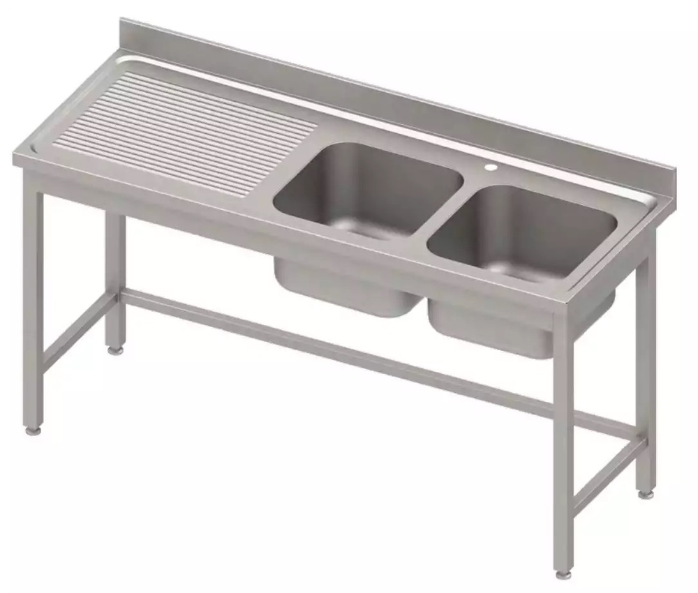 Stół ze zlewem 2-kom.(P),bez półki 1500x700x850 mm, blat tłoczony, rant puszkowy 100x15x10 | Stalgast 984557150