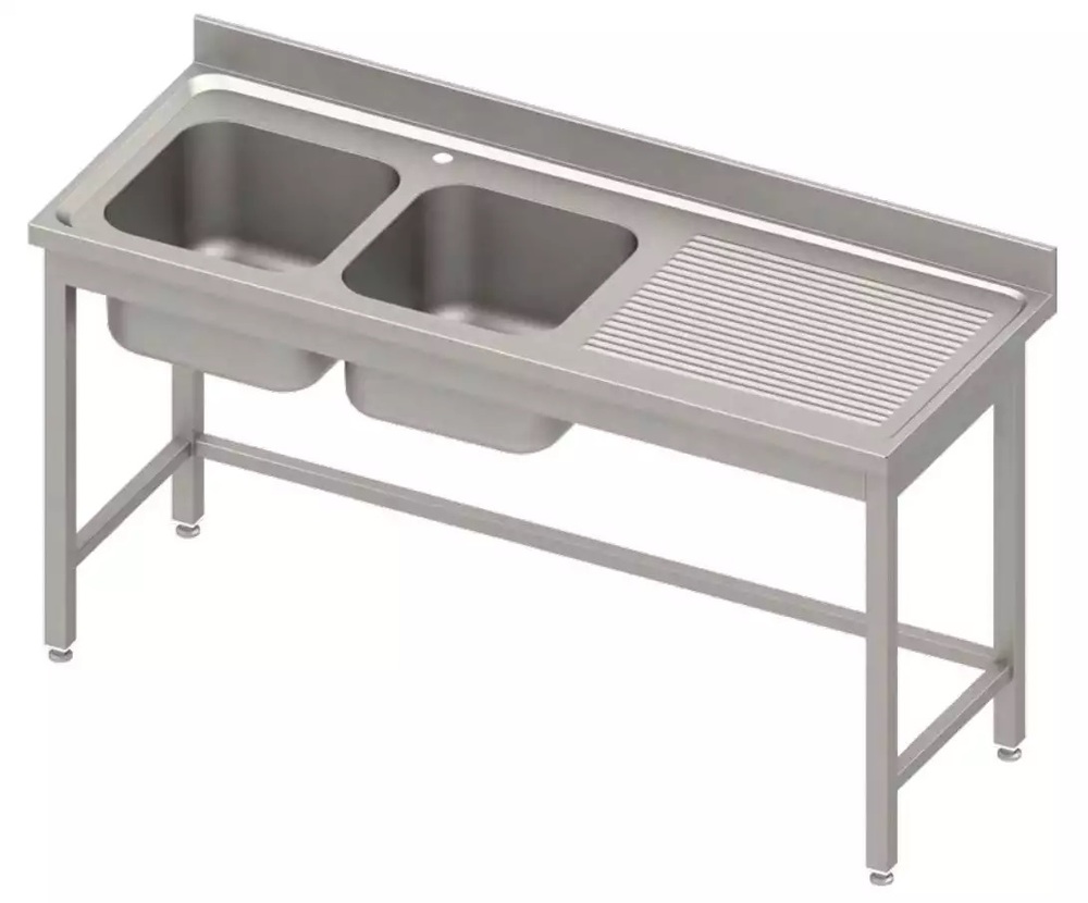 Stół ze zlewem 2-kom.(L),bez półki 1500x700x850 mm, blat tłoczony, rant puszkowy 100x15x10 | Stalgast 984577150