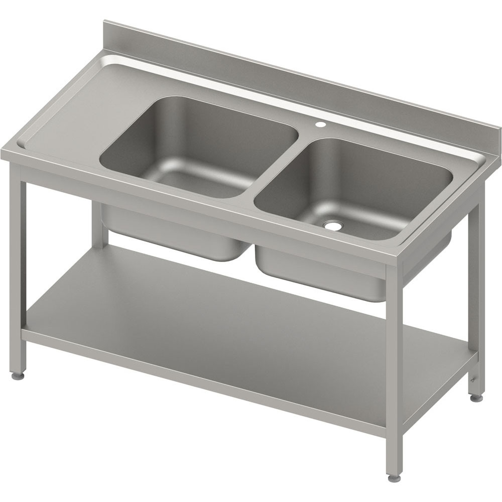 Stół ze zlewem 2-kom.(P),z półką 1300x700x850 mm, skręcany, blat tłoczony, rant puszkowy 100x15x10 | Stalgast 984597130