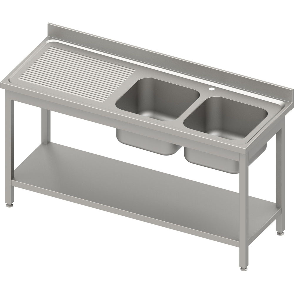 Stół ze zlewem 2-kom.(P),z półką 1800x700x850 mm, spawany, blat tłoczony, rant puszkowy 100x15x10 | Stalgast 984597180S