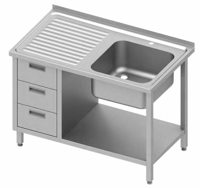 Stół nierdzewny ze zlewem (P) i blokiem szuflad 1200x600x850 mm | Stalgast 9810746120