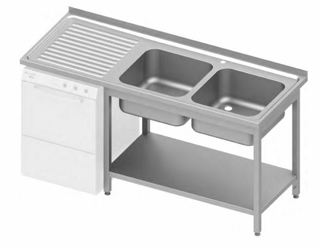 Stół nierdzewny ze zlewem dwukomorowym i miejscem na lodówkę 1800x700x900 mm | Stalgast 9810627180