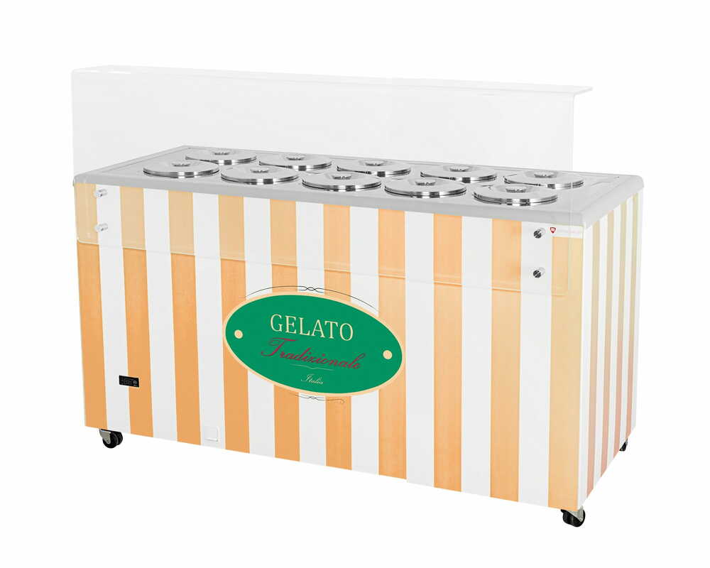 Dystrybutor do lodów | witryna do lodów | konserwator | retro | 10 tub | okrągłe kuwety | 1503x670x895 mm | GELATO POZETTI 10 BEIGE