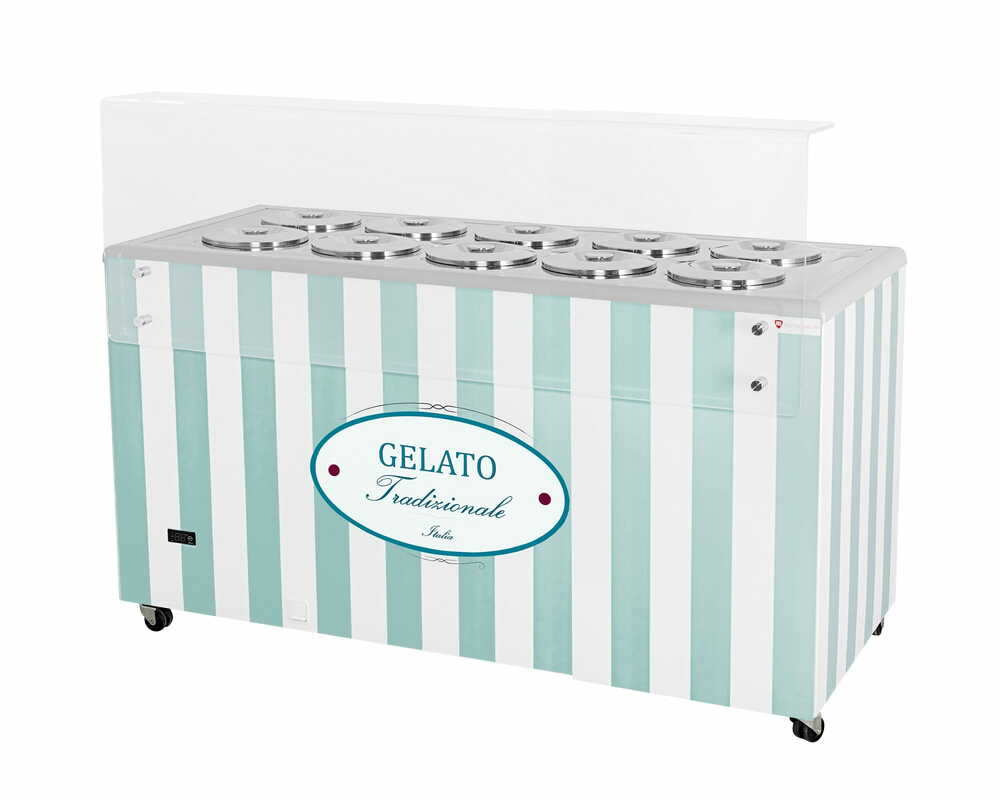 Dystrybutor do lodów | witryna do lodów | konserwator | retro | 10 tub | okrągłe kuwety | 1503x670x895 mm | GELATO POZETTI 10 PASTEL BLUE