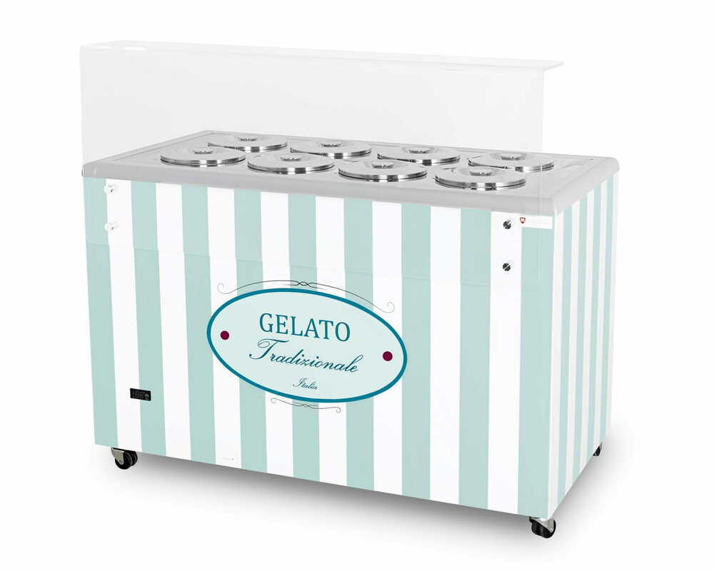 Dystrybutor do lodów | witryna do lodów | konserwator | retro | 8 tub | okrągłe kuwety | 1283x670x895 mm | GELATO POZETTI 8 PASTEL BLUE