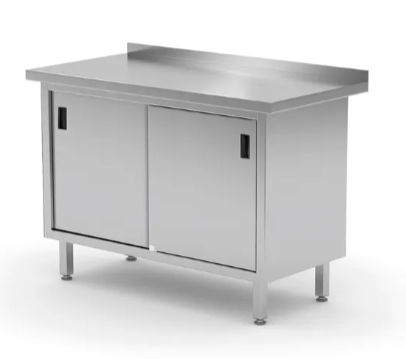 Stół nierdzewny przyścienny 1400x600x(H)850 mm z szafką z drzwiami suwanymi - spawany | Hendi 811672