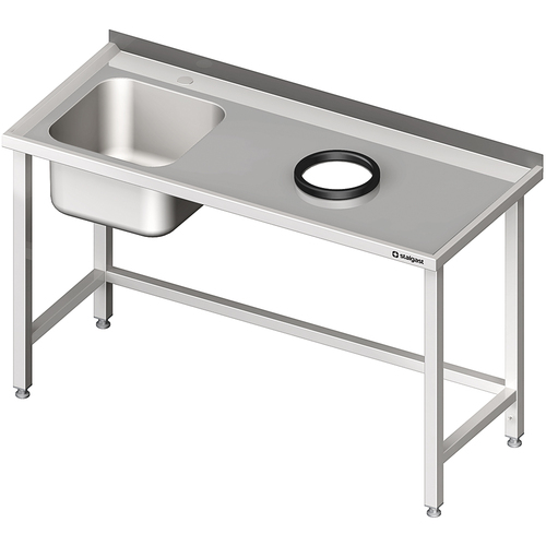 Stół przyścienny ze zlewem, bez półki z otworem 1300x600x850 mm, 1 komora po lewej spawany | Stalgast 980946130
