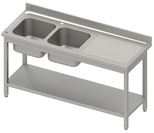 Stół ze zlewem 2-kom.(P),z półką 1500x700x850 mm spawany, blat tłoczony,rant puszkowy 100x15x10 | Stalgast 984597150S
